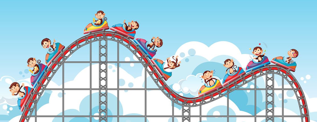 Happy monkeys riding on roller coaster with sky background