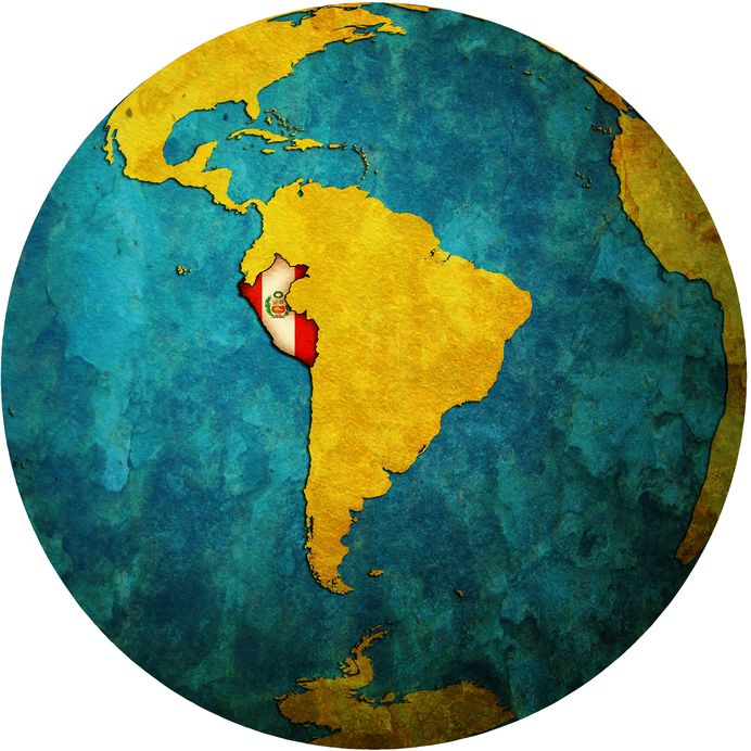 16024825 – map with flag of peru on isolated over white map of globe