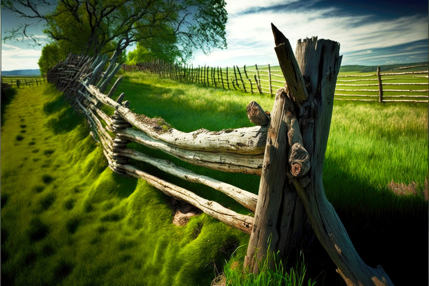 crooked wooden fence of old logs and sticks around green pasture