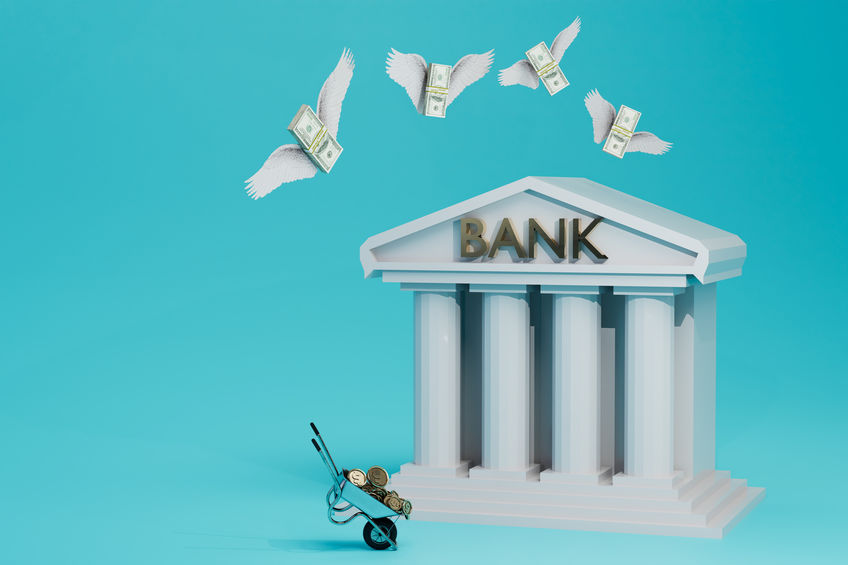 Bank operations. bank building, cart with coins and dollars with wings flying towards the bank. 3d render