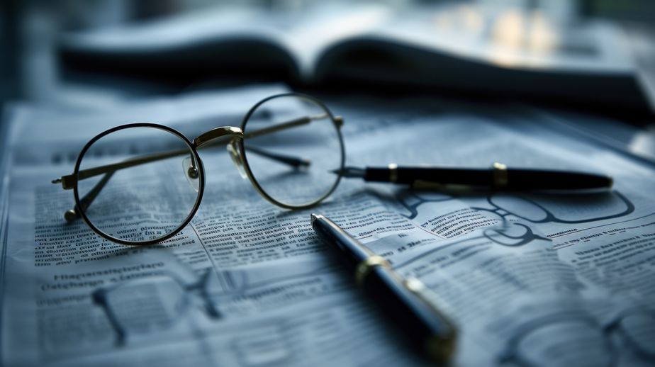 reading glasses and a ballpoint pen lie on a newspaper reading glasses and a ballpoint pen lie on a newspaper