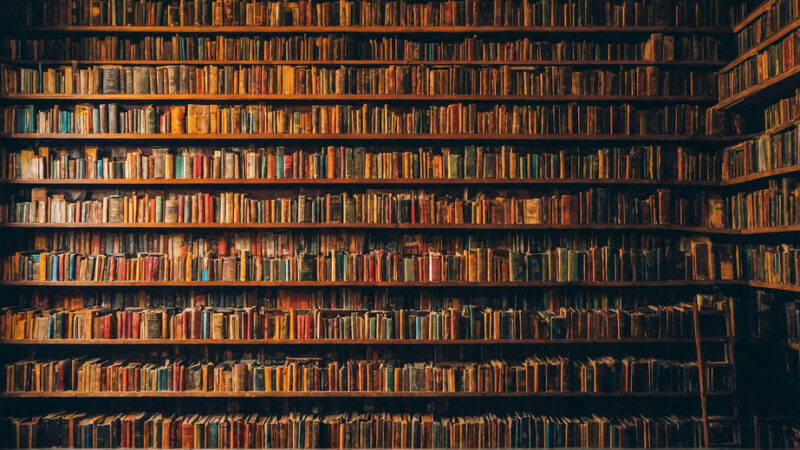 Bookshelf on whole wall with thousands of different books in interior of vintage library
