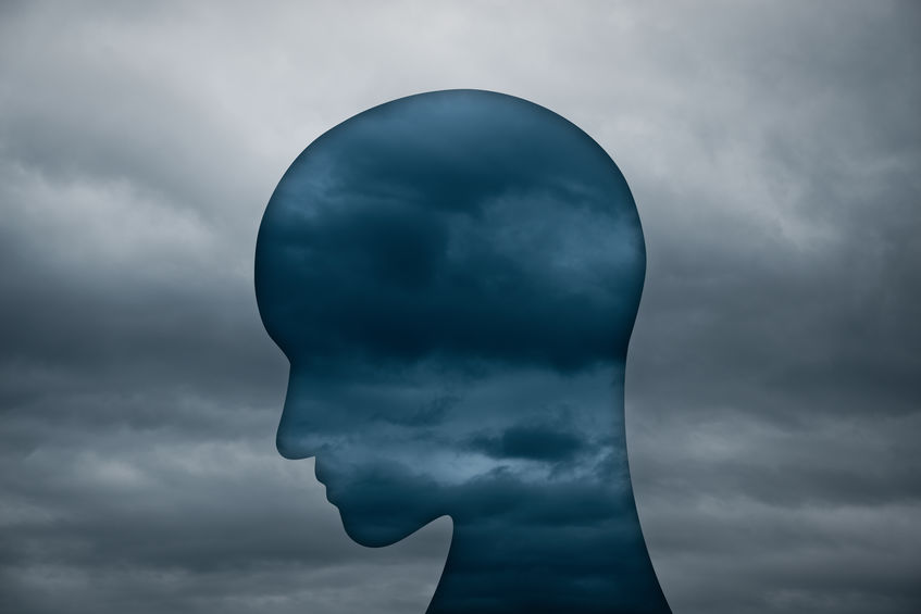 Mental depression and negative emotion concept. Person head silh