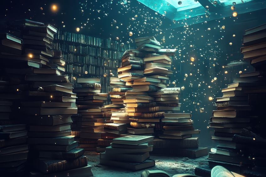 Enchanted library with floating books and glowing orbs in a dimly lit space