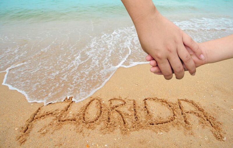 20860541 a mother holding the hand of a child in florida next to the ocean