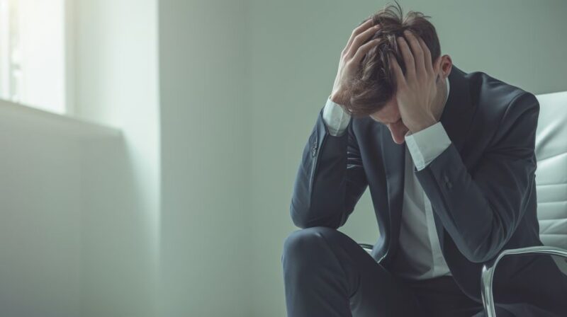 Businessman in suit sitting, overwhelmed with hands on head