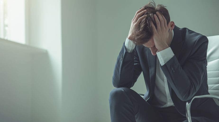 Businessman in suit sitting, overwhelmed with hands on head