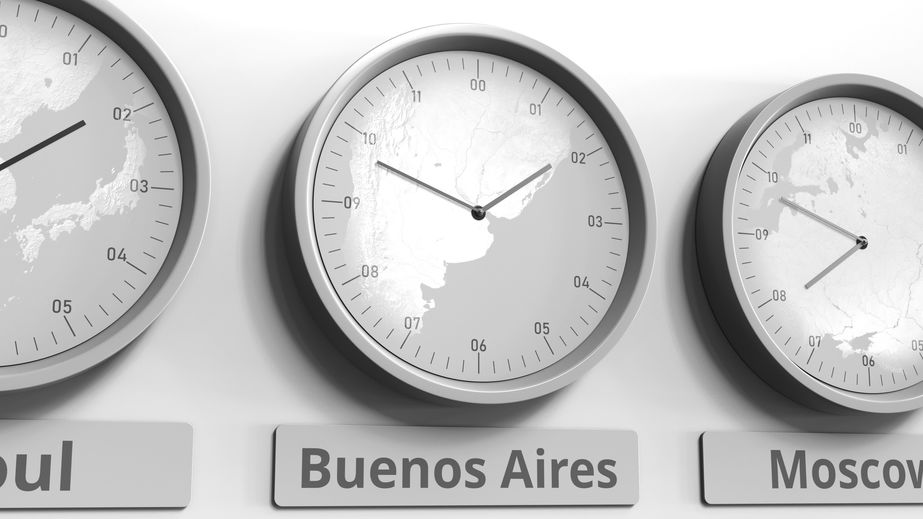 Clock shows Buenos Aires, Argentina time among different timezones. Conceptual 3D rendering