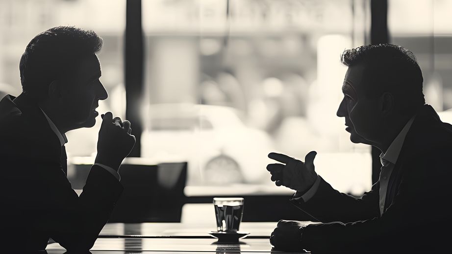245583088 two businessmen talking in a coffee shop. black and white photo.