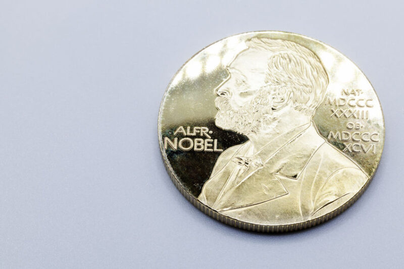 replica of the Nobel Prize on a gray background