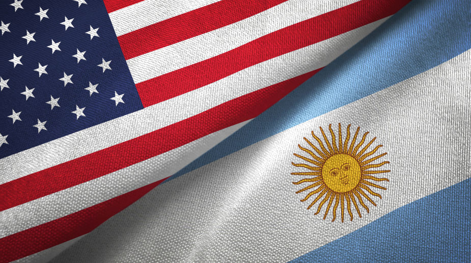 United States and Argentina two flags textile cloth, fabric texture