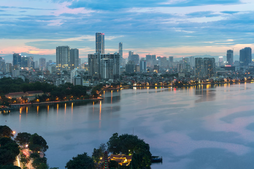 Aerial view of Hanoi skyline at West Lake or Ho Tay. Hanoi cityscape at twilight