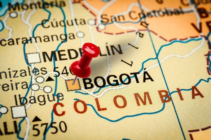 Pushpin pointing at Bogota city in Colombia