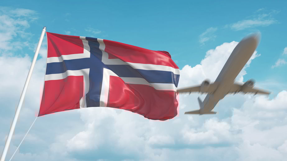 Plane arrives to airport with national flag of Norway. Norwegian tourism. 3D rendering