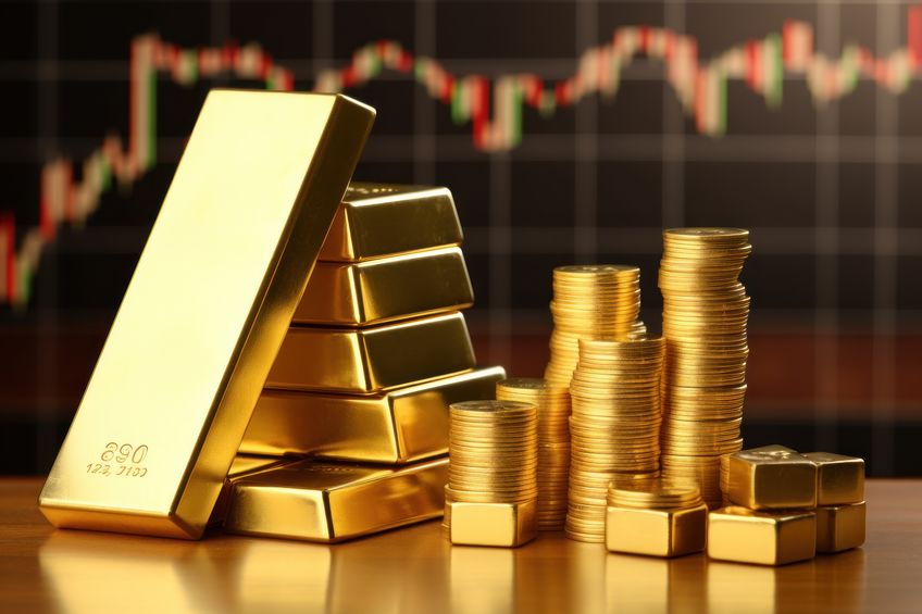 Gold bar resting investment on a stocks graph representing, AI Generative