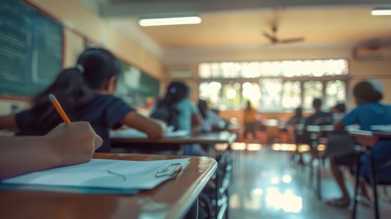 Blur school or university students writing answer doing exam in classroom, view from back of the class for education background