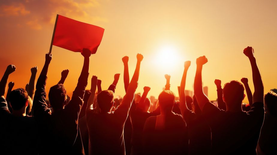 Labor union members giving speeches at a rally on Labor Day