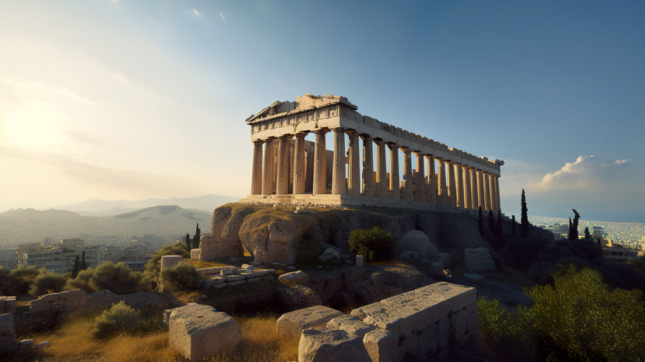 Imaginary Acropolis hill in Athens, Greece, with magestic Parthenon temple, AI generative