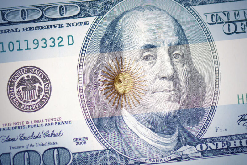 flag of argentina on a american dollar money background