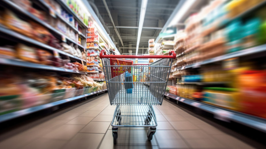 Shopping in supermarket by supermarket cart in motion blur