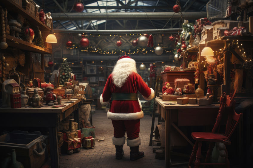 Santa Claus works diligently, creating and wrapping toys in his festive workshop