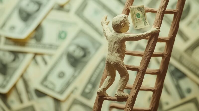 AI crafted clay character scaling a tall ladder to reach money, representing achievement, financial goals, and progress