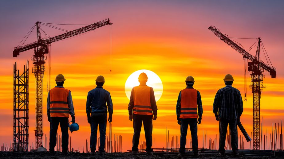 Construction workers viewing sunset building site progress