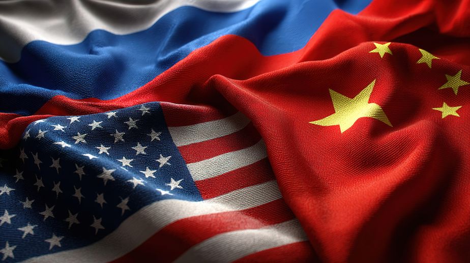 dark brutal russian, chinese and american flags background with copy space. political banner. russia vs america vs china. superpowers.