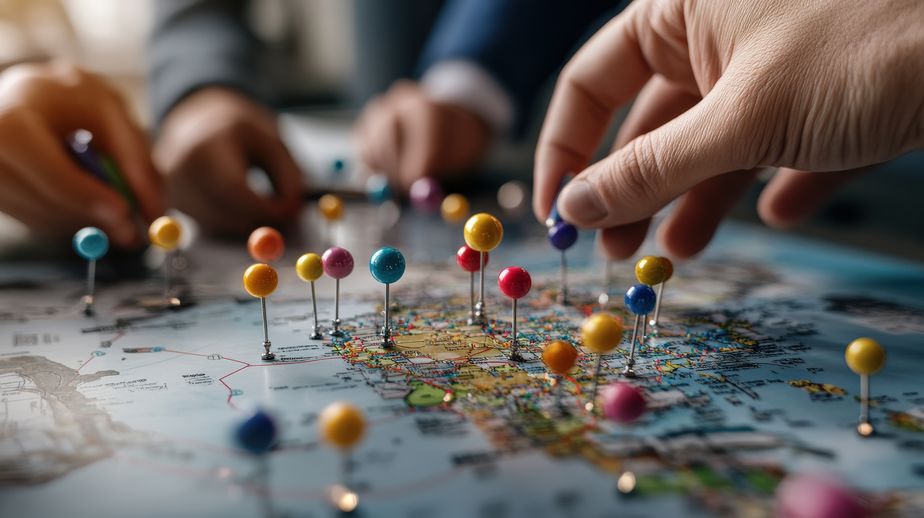 The image shows a colorful map with businessman team moving colorful pins around.